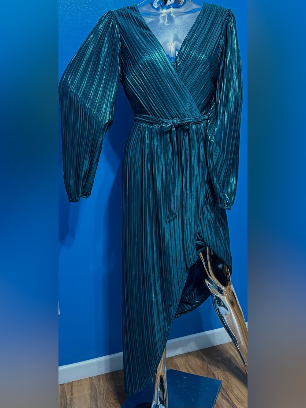 Metallic Teal Asymmetrical Wrap Dress with Tie Waist